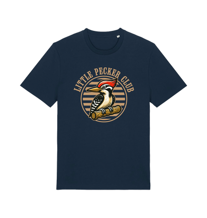 navy funny offensive t-shirt with 'Little Pecker Club' graphic featuring a woodpecker 