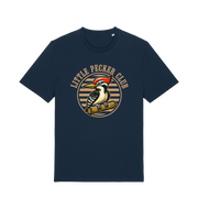 navy funny offensive t-shirt with 'Little Pecker Club' graphic featuring a woodpecker 