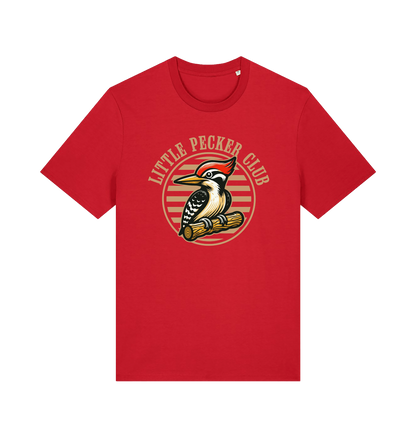 red funny offensive t-shirt with 'Little Pecker Club' graphic featuring a woodpecker 