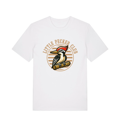 white funny offensive t-shirt with 'Little Pecker Club' graphic featuring a woodpecker 