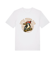white funny offensive t-shirt with 'Little Pecker Club' graphic featuring a woodpecker 
