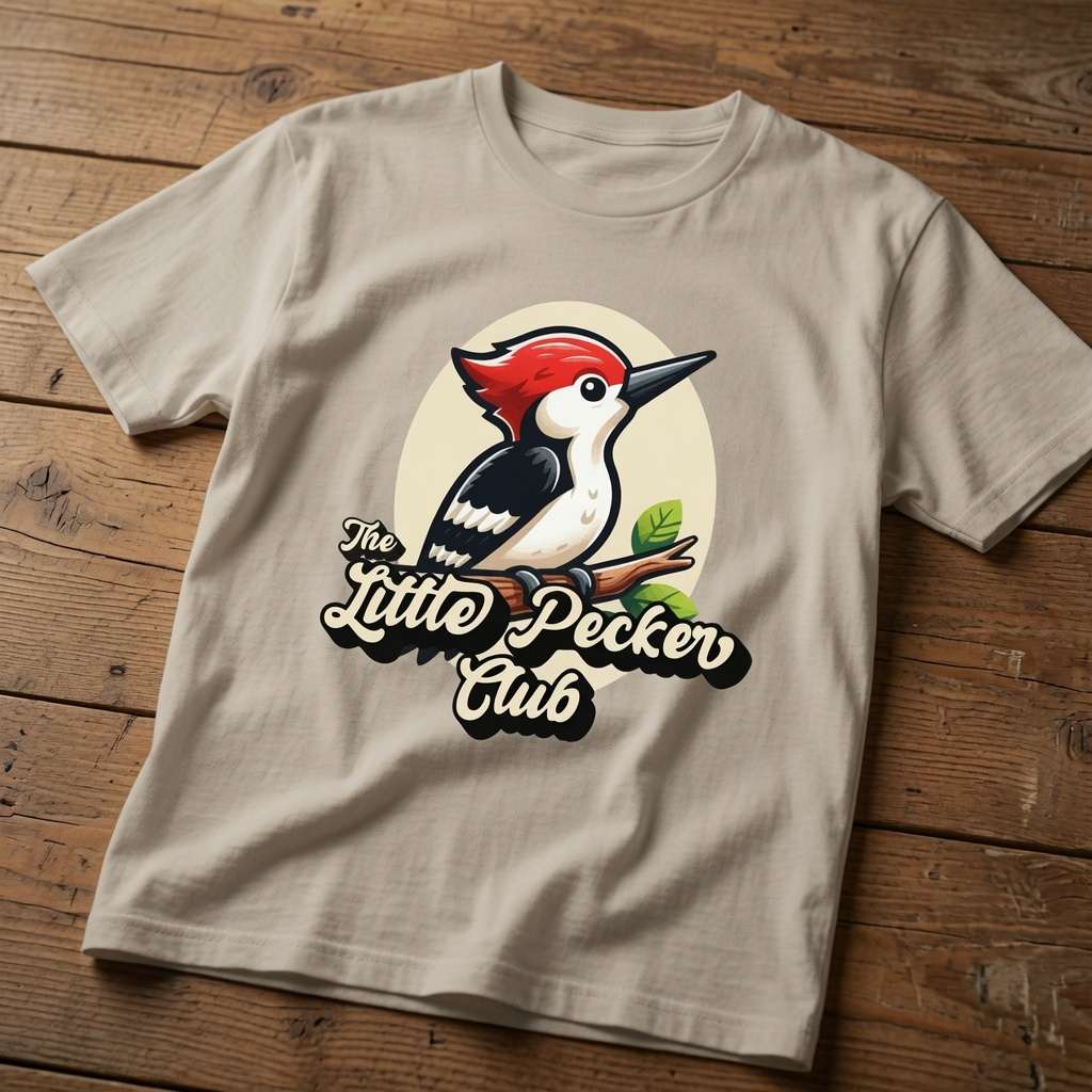 Beige Little Pecker Club t-shirt on wood with woodpecker design, funny mens witty rude bird pun graphic