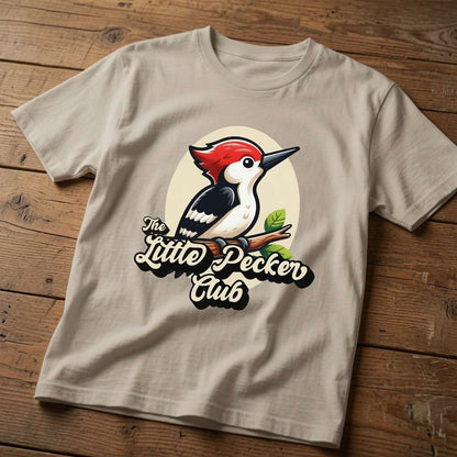 Beige Little Pecker Club t-shirt on wood with woodpecker design, funny mens witty rude bird pun graphic
