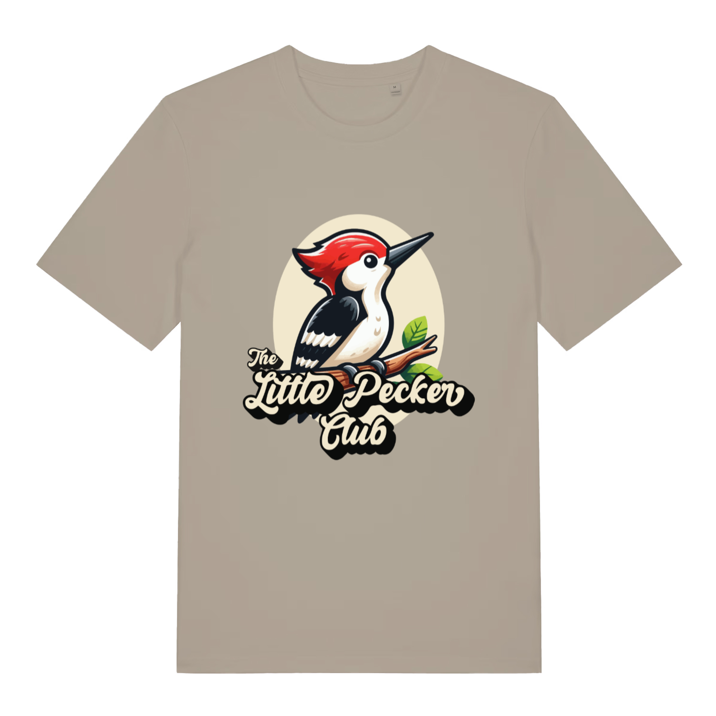 Beige The Little Pecker Club funny graphic t-shirt with cartoon woodpecker and “The Little Pecker Club” text  