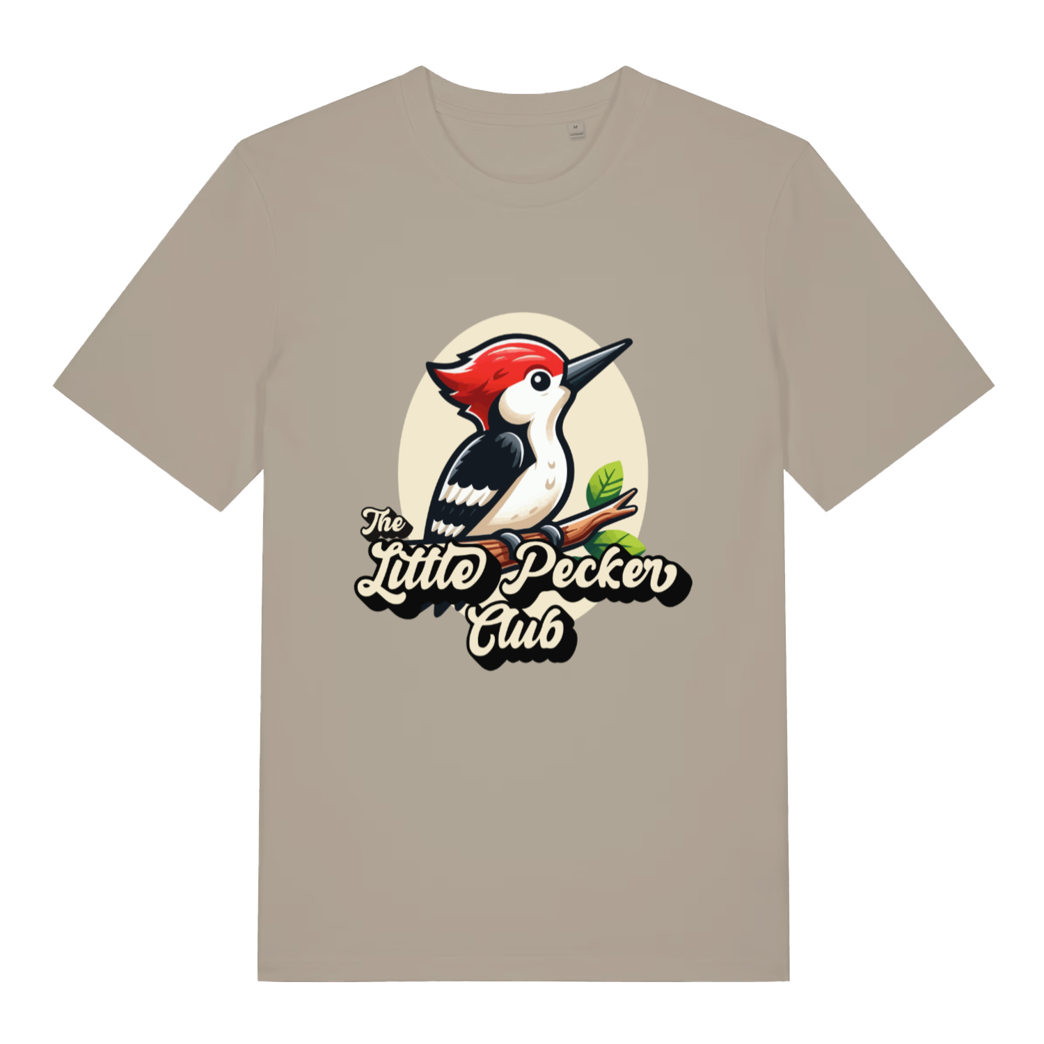 Beige The Little Pecker Club funny graphic t-shirt with cartoon woodpecker and “The Little Pecker Club” text  