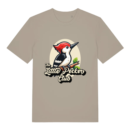 Beige The Little Pecker Club funny graphic t-shirt with cartoon woodpecker and “The Little Pecker Club” text  