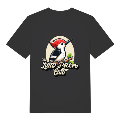 Black The Little Pecker Club funny graphic t-shirt featuring cartoon woodpecker and bold “The Little Pecker Club” lettering  