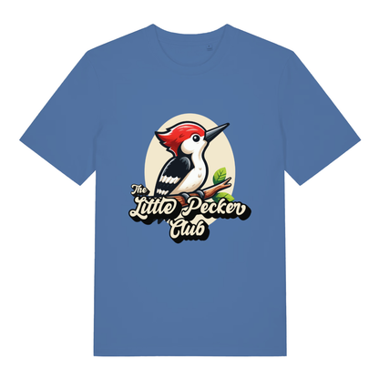 Blue The Little Pecker Club funny graphic t-shirt with colourful cartoon woodpecker design and “The Little Pecker Club” text  