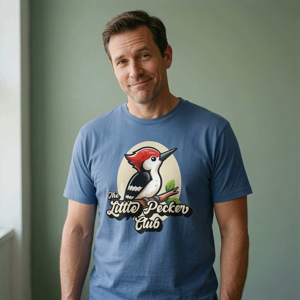Man with slight smile looking to the side in blue Little Pecker Club tee, funny witty woodpecker pun graphic