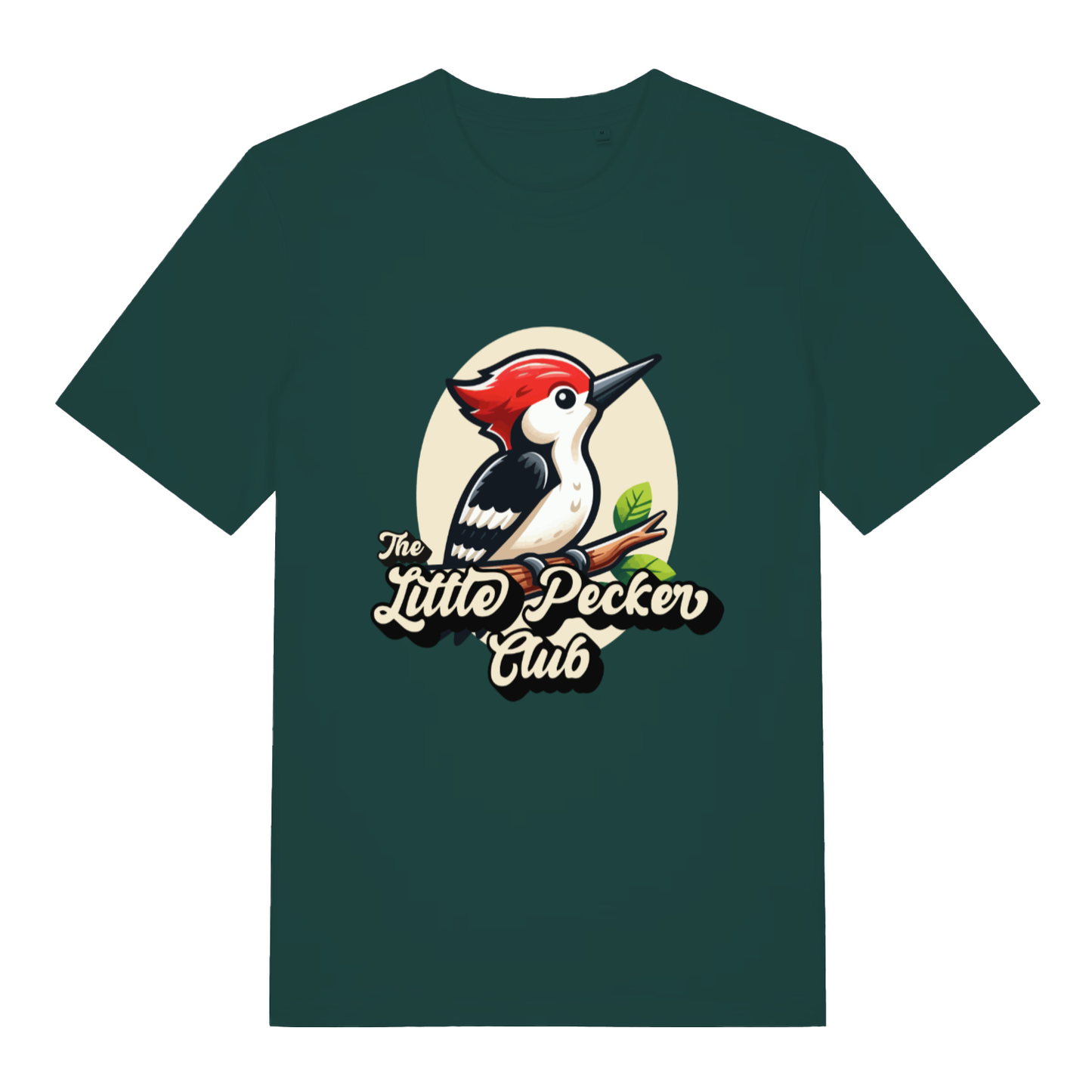 Green The Little Pecker Club funny graphic t-shirt showing cartoon woodpecker and “The Little Pecker Club” slogan  