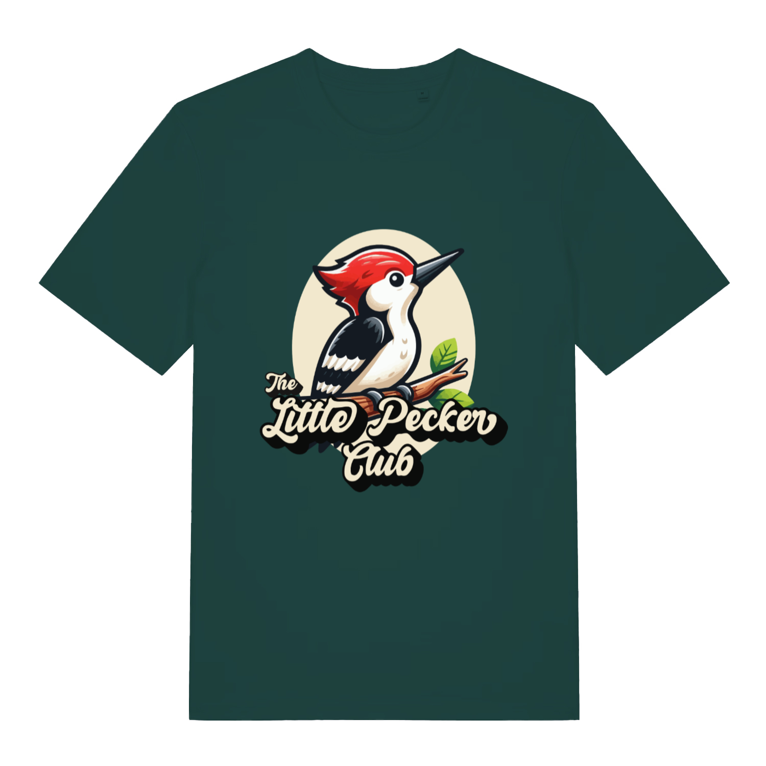 Green The Little Pecker Club funny graphic t-shirt showing cartoon woodpecker and “The Little Pecker Club” slogan  