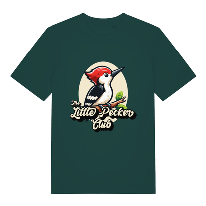 Green The Little Pecker Club funny graphic t-shirt showing cartoon woodpecker and “The Little Pecker Club” slogan  