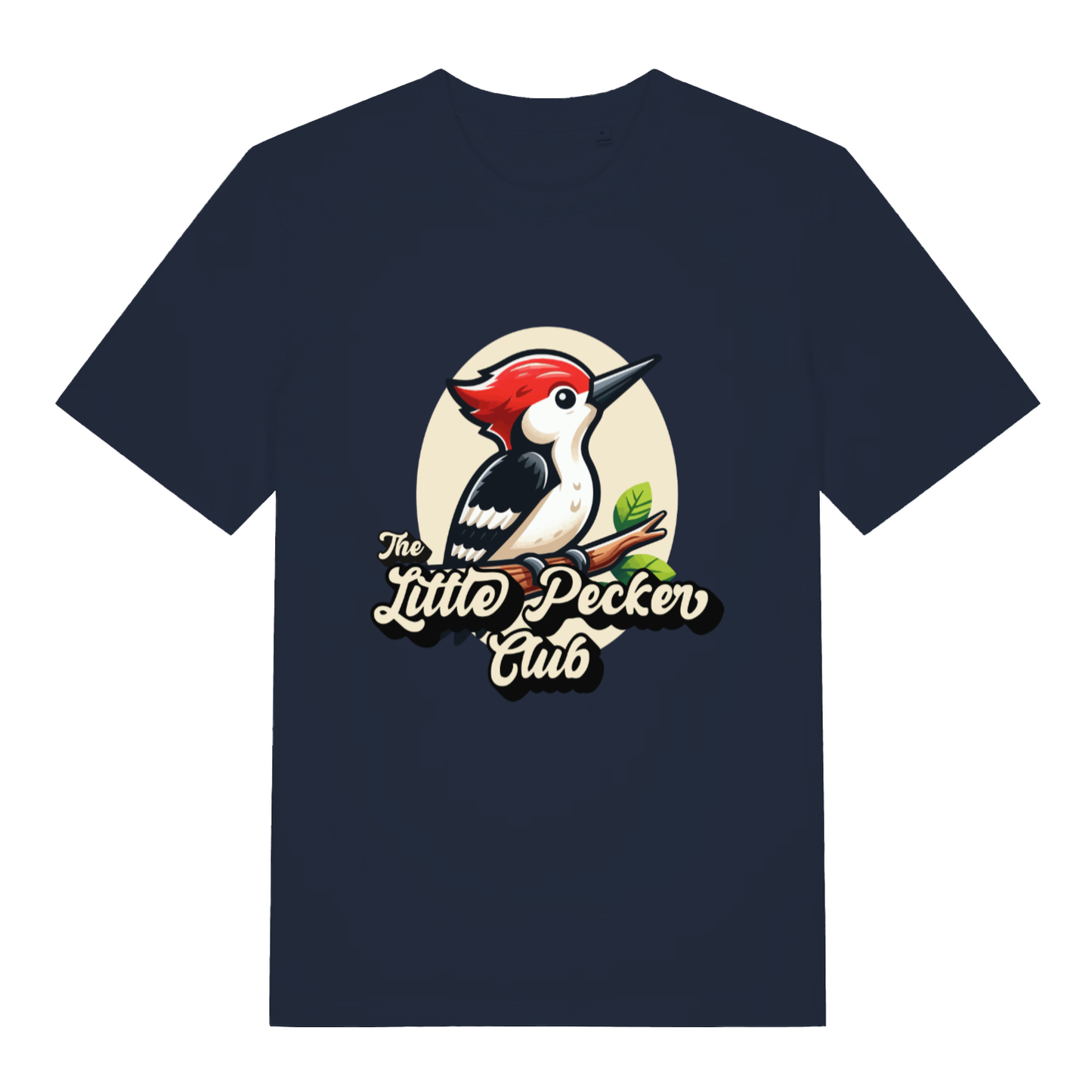 Navy The Little Pecker Club funny graphic t-shirt with sharp cartoon woodpecker and “The Little Pecker Club” text  