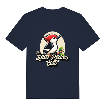 Navy The Little Pecker Club funny graphic t-shirt with sharp cartoon woodpecker and “The Little Pecker Club” text  