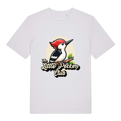 White The Little Pecker Club funny graphic t-shirt featuring cartoon woodpecker and bold “The Little Pecker Club” lettering  