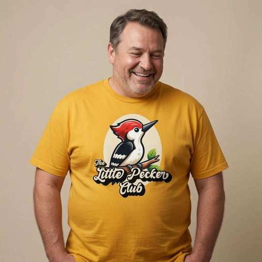 Grey-haired man laughing looking down in yellow Little Pecker Club t-shirt featuring woodpecker graphic, mens funny rude woodpecker graphic