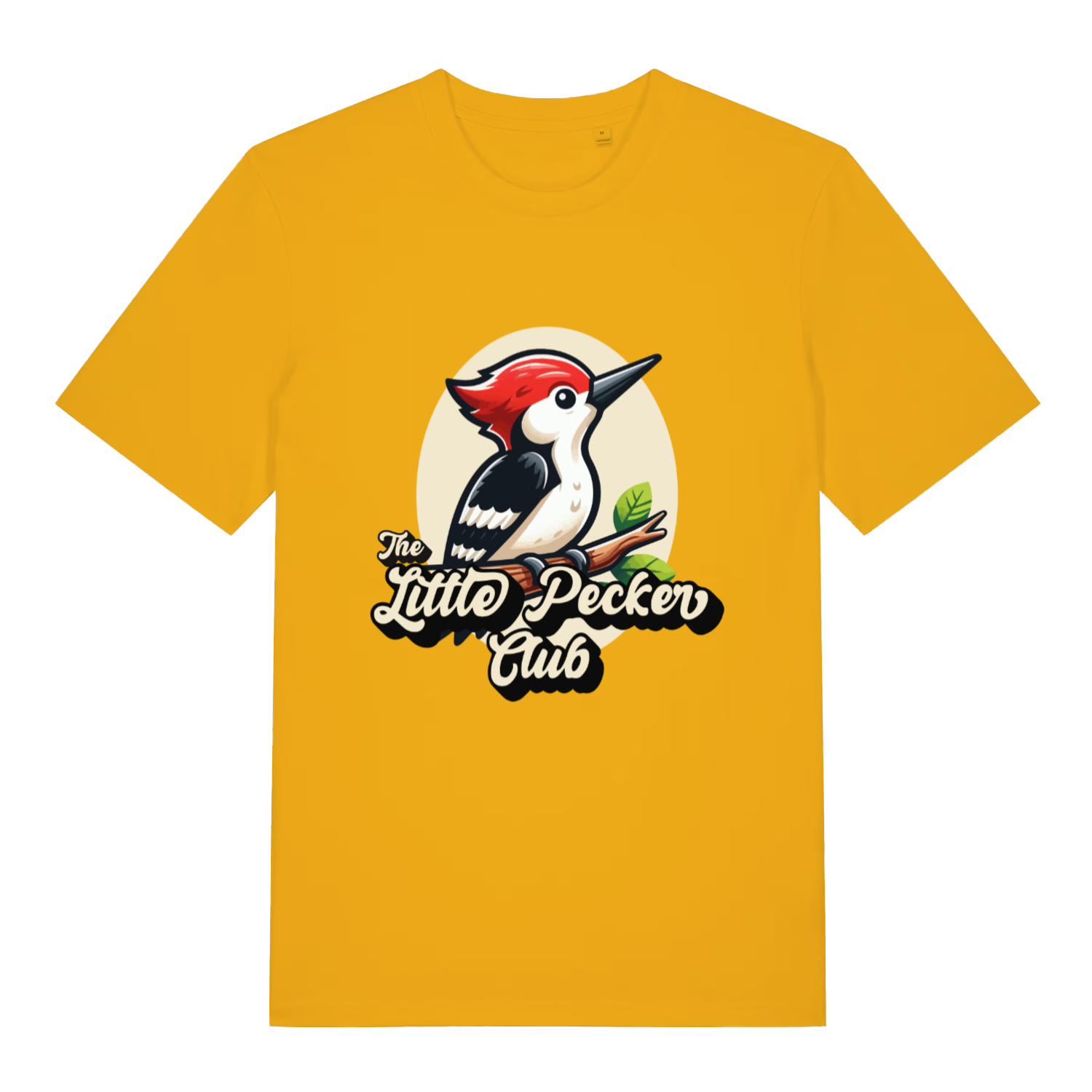 Yellow The Little Pecker Club funny graphic t-shirt with colourful cartoon woodpecker design and “The Little Pecker Club” text  