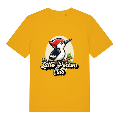 Yellow The Little Pecker Club funny graphic t-shirt with colourful cartoon woodpecker design and “The Little Pecker Club” text  