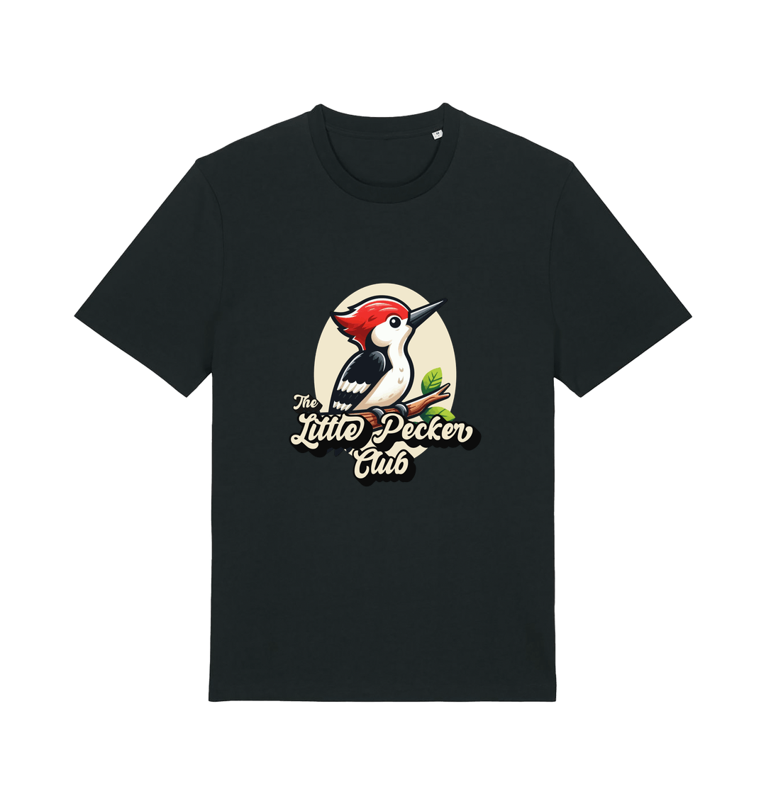 black funny animal t-shirt with a woodpecker graphic and the slogan 'little pecker club'