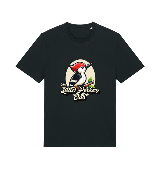 black funny animal t-shirt with a woodpecker graphic and the slogan 'little pecker club'