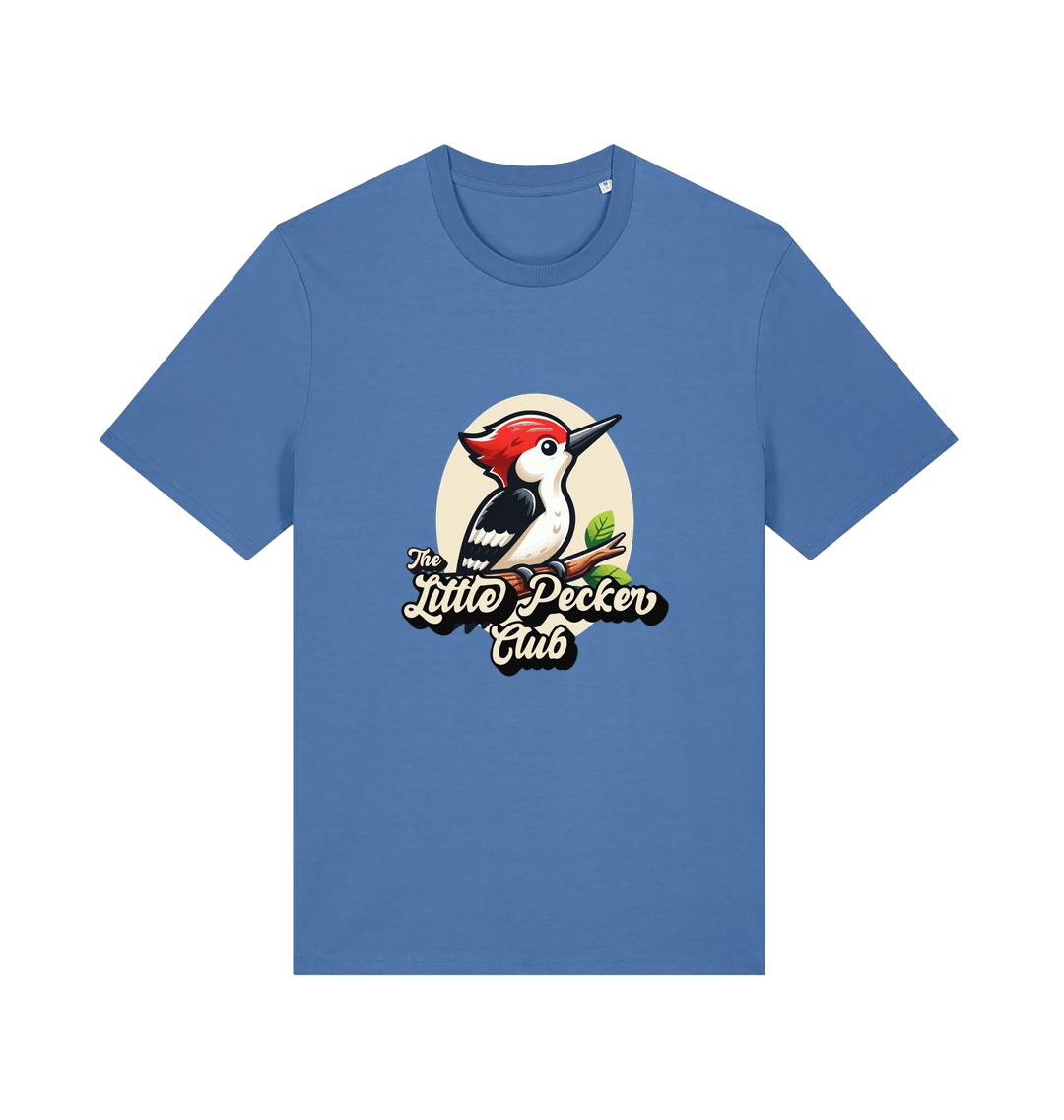 blue funny animal t-shirt with a woodpecker graphic and the slogan 'little pecker club'