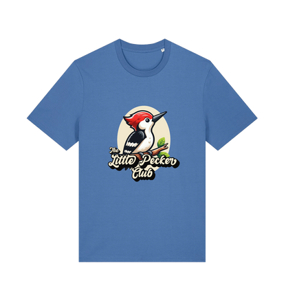 blue funny animal t-shirt with a woodpecker graphic and the slogan 'little pecker club'