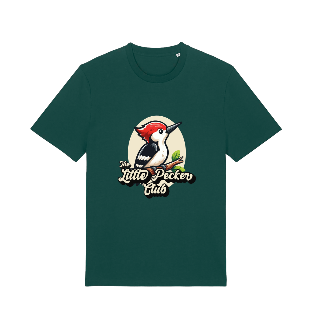 green funny animal t-shirt with a woodpecker graphic and the slogan 'little pecker club'