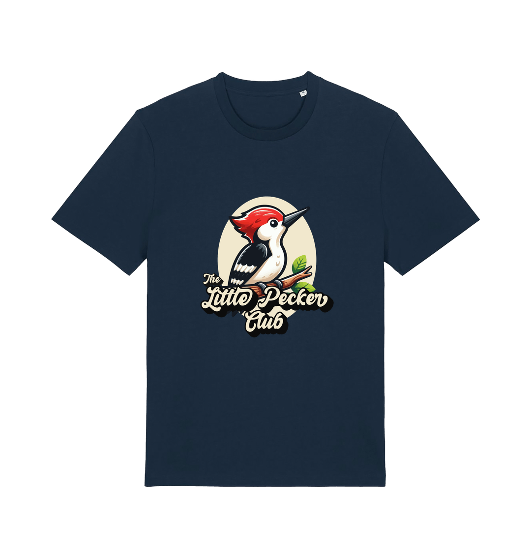 navy funny animal t-shirt with a woodpecker graphic and the slogan 'little pecker club'