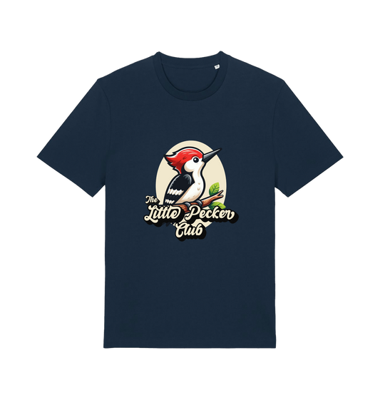 navy funny animal t-shirt with a woodpecker graphic and the slogan 'little pecker club'