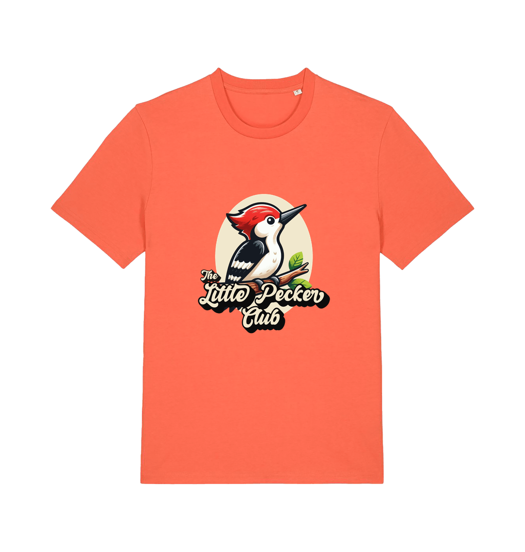 orange funny animal t-shirt with a woodpecker graphic and the slogan 'little pecker club'