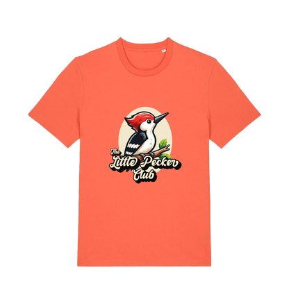 orange funny animal t-shirt with a woodpecker graphic and the slogan 'little pecker club'