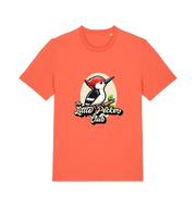 orange funny animal t-shirt with a woodpecker graphic and the slogan 'little pecker club'