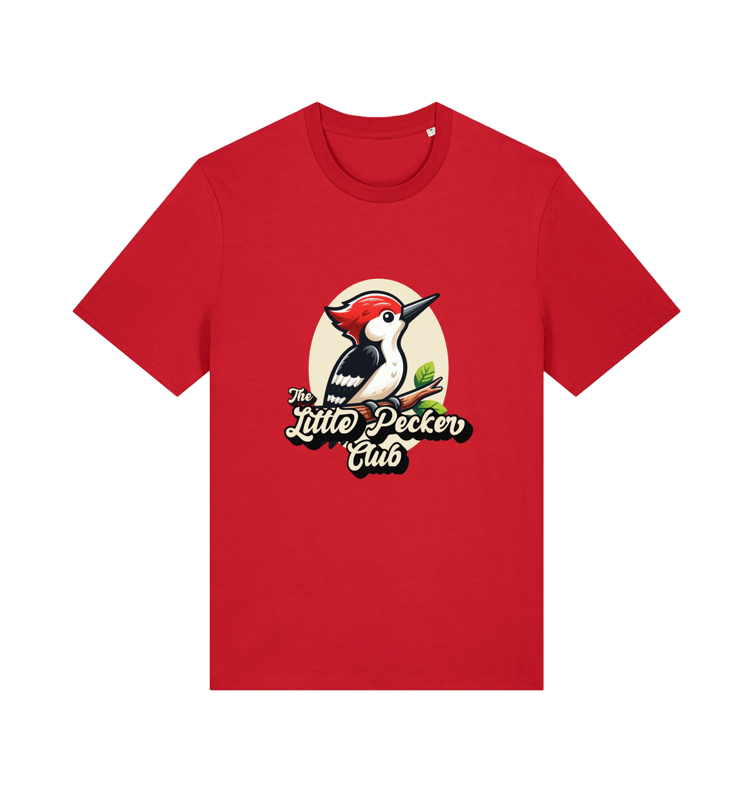 red funny animal t-shirt with a woodpecker graphic and the slogan 'little pecker club'