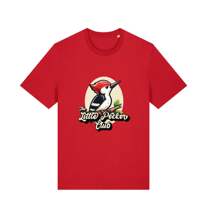 red funny animal t-shirt with a woodpecker graphic and the slogan 'little pecker club'