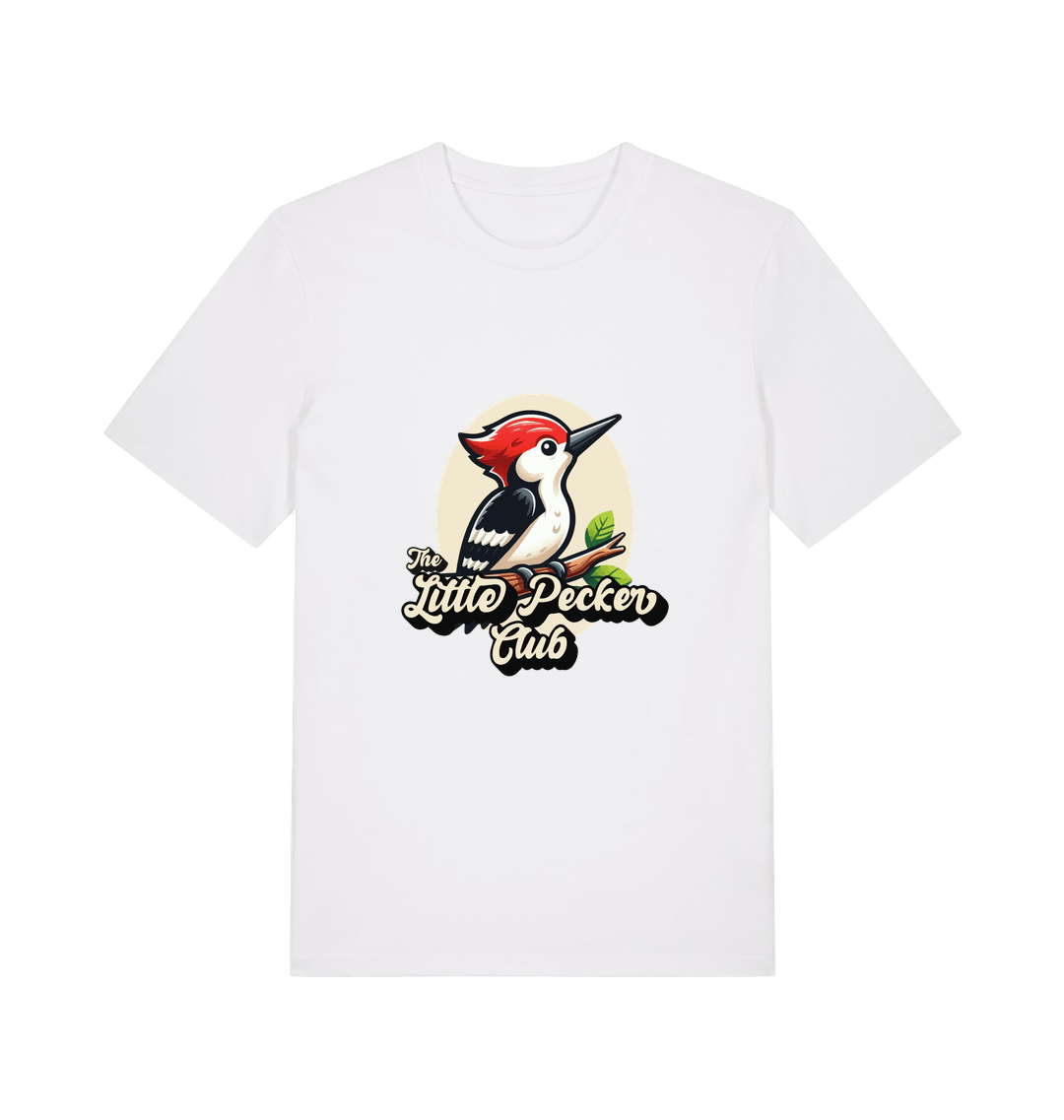 white funny animal t-shirt with a woodpecker graphic and the slogan 'little pecker club'