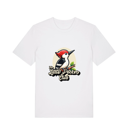 white funny animal t-shirt with a woodpecker graphic and the slogan 'little pecker club'