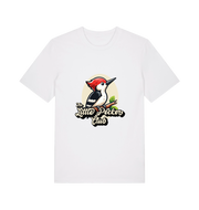 white funny animal t-shirt with a woodpecker graphic and the slogan 'little pecker club'
