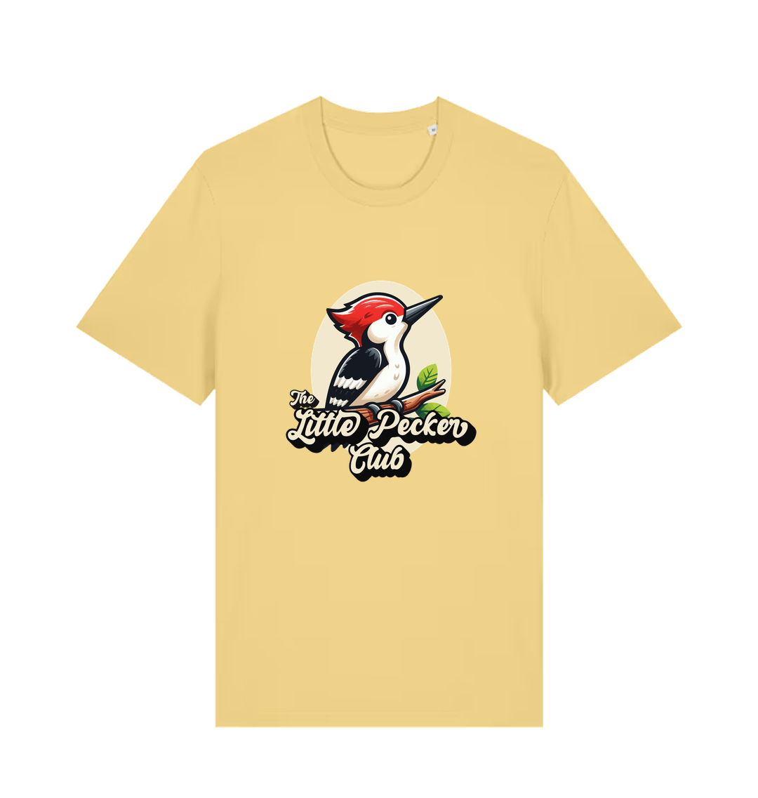 yellow funny animal t-shirt with a woodpecker graphic and the slogan 'little pecker club'