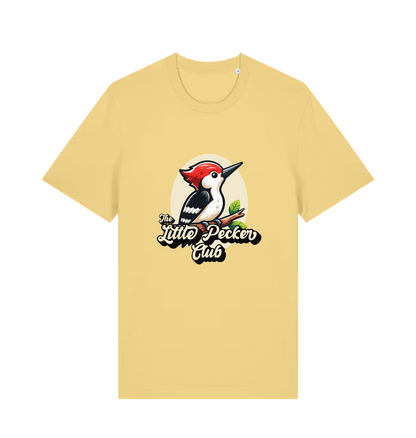 yellow funny animal t-shirt with a woodpecker graphic and the slogan 'little pecker club'