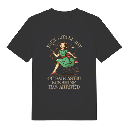 Black Your Little Ray Of Sarcastic Sunshine funny graphic t-shirt with retro cartoon woman and “YOUR LITTLE RAY OF SARCASTIC SUNSHINE HAS ARRIVED” text  