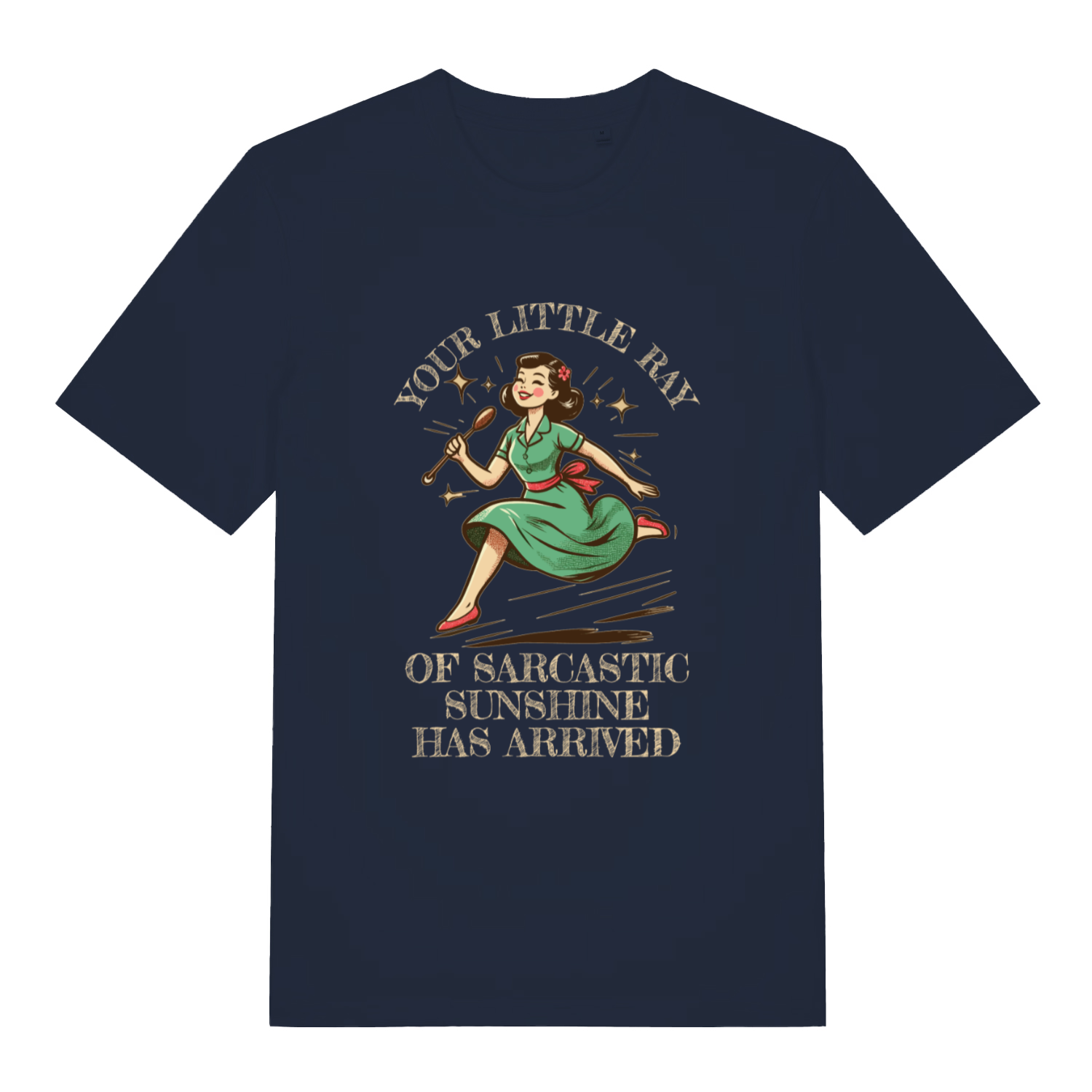 Navy Your Little Ray Of Sarcastic Sunshine funny graphic t-shirt with sharp retro cartoon design and “YOUR LITTLE RAY OF SARCASTIC SUNSHINE HAS ARRIVED” slogan  