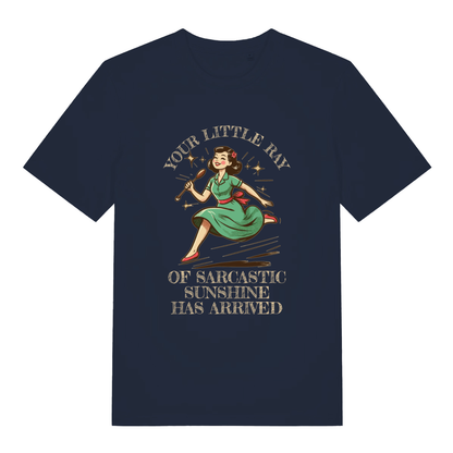 Navy Your Little Ray Of Sarcastic Sunshine funny graphic t-shirt with sharp retro cartoon design and “YOUR LITTLE RAY OF SARCASTIC SUNSHINE HAS ARRIVED” slogan  
