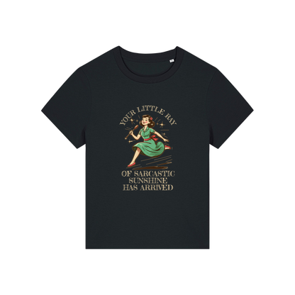 black funny graphic t-shirt with a retro woman ad the slogan 'your little ray of sarcastic sunshine has arrived'