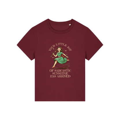 burgundy funny graphic t-shirt with a retro woman ad the slogan 'your little ray of sarcastic sunshine has arrived'