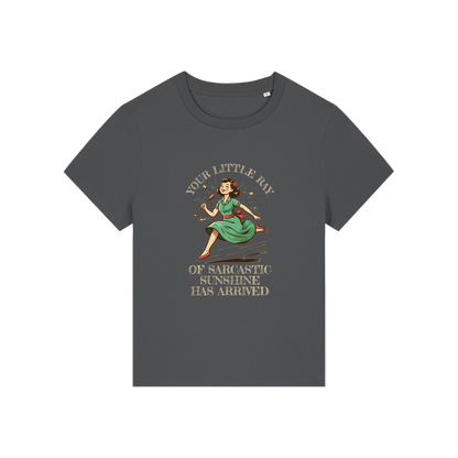 grey funny graphic t-shirt with a retro woman ad the slogan 'your little ray of sarcastic sunshine has arrived'
