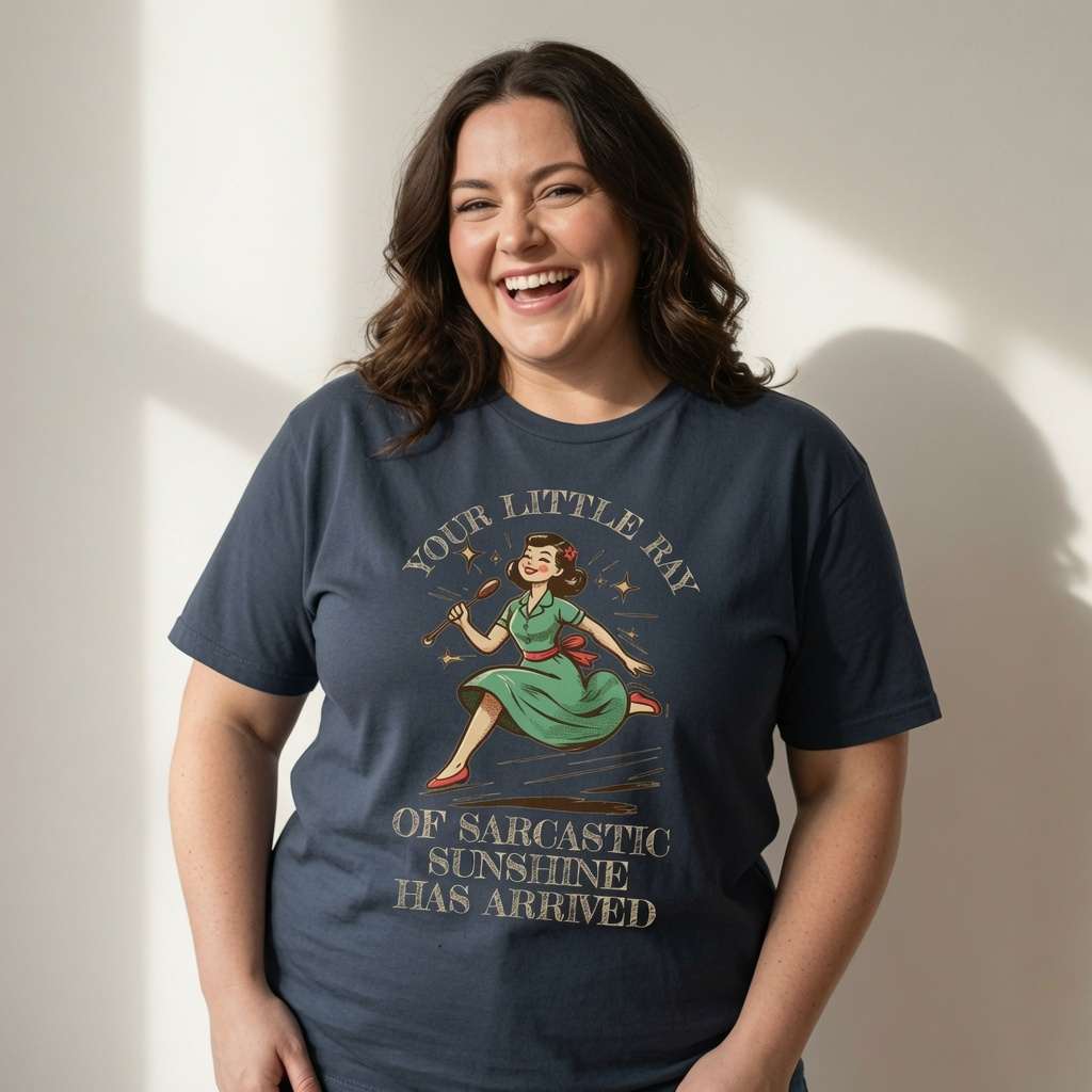 A woman smiling while wearing a navy blue graphic t-shirt with a retro-style illustration of a woman in a green dress and the text 'YOUR LITTLE RAIN OF SARCASTIC SUNSHINE HAS ARRIVED'.