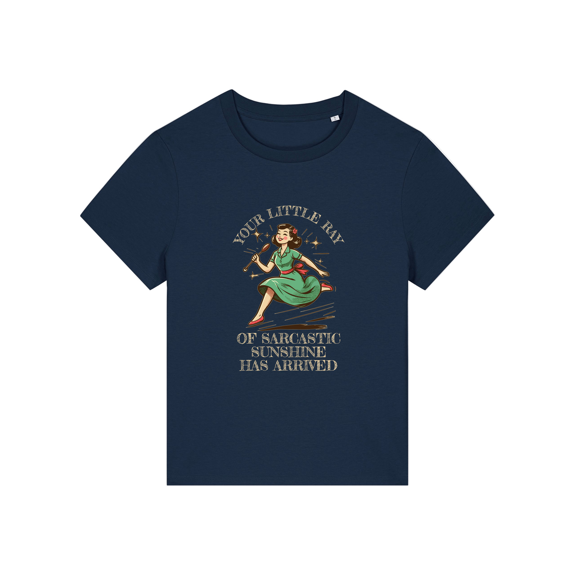 navy funny graphic t-shirt with a retro woman ad the slogan 'your little ray of sarcastic sunshine has arrived'