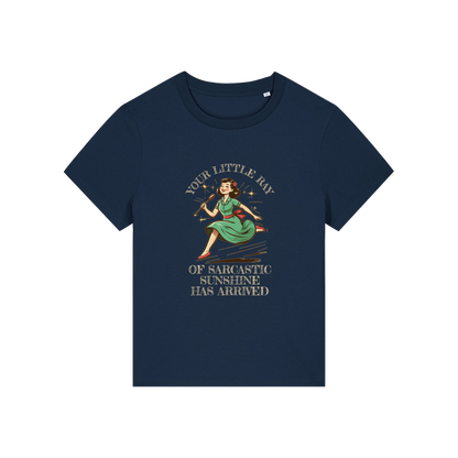 navy funny graphic t-shirt with a retro woman ad the slogan 'your little ray of sarcastic sunshine has arrived'