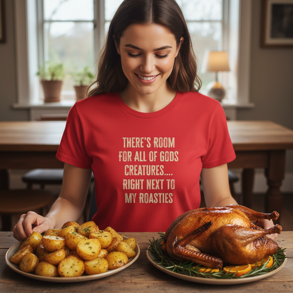 Woman in a red shirt with a humorous text design, standing behind a table with roasted potatoes and a turkey.