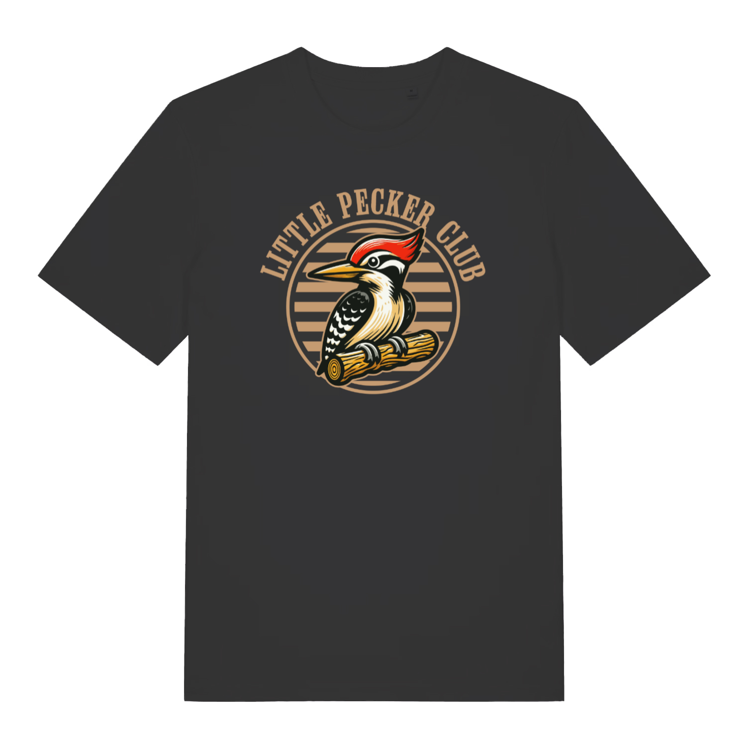 black funny offensive t-shirt with the graphic of a woodpecker sat on a branch and the slogan 'little pecker club'